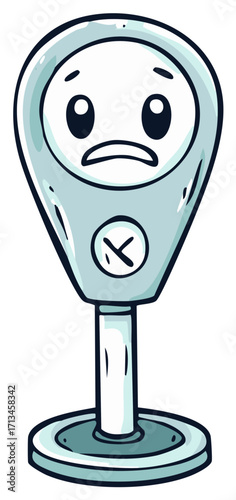 Sad cartoon parking meter with face, stylized illustration. Concepts of time and money