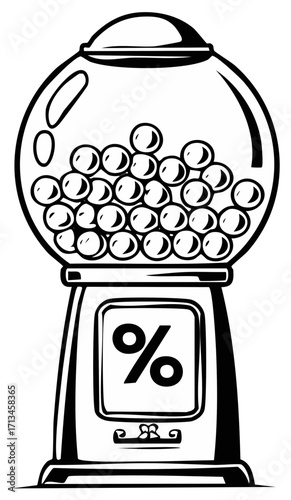 Gumball machine illustration with percentage icon, black and white design