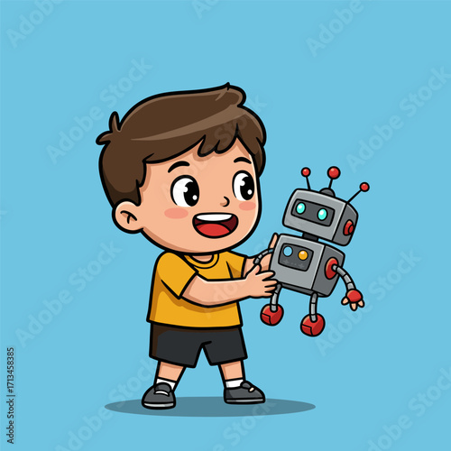 A happy child holds a quirky robot toy with mismatched eyes, radiating joy and curiosity—perfectly capturing the fun of childhood and tech-inspired play.