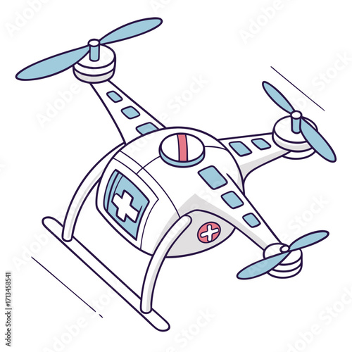 A cartoon medical drone with a white body and blue propellers featuring a red and white cross symbol indicating its healthcare purpose ready for delivery or emergency response