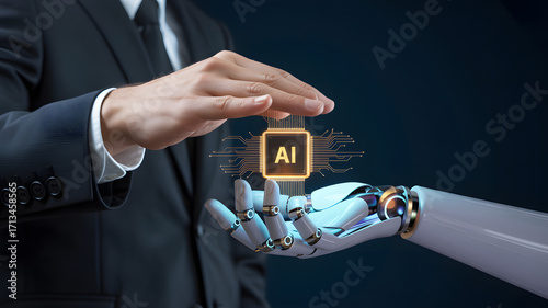 Robot hand with AI chip represents next-generation technology and automation future