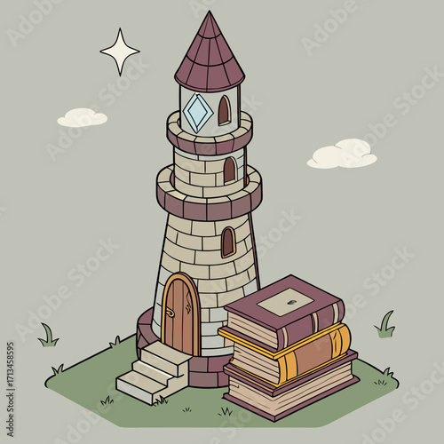 A charming isometric illustration of a fantasy wizard tower with a conical roof and a diamond shaped window surrounded by grass clouds a star and a stack of old books