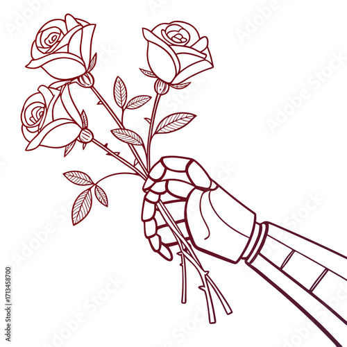 A robotic hand delicately holds a bouquet of three blooming roses with thorns and leaves presented in a minimalist line art style against a white background