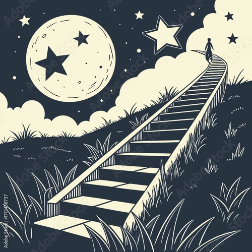 A solitary figure ascends a winding staircase towards a large moon and bright stars under a cloudy night sky symbolizing dreams and aspirations