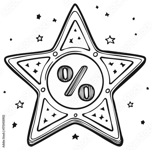 Hand drawn star icon with a percentage symbol for discounts sales promotions and special offers