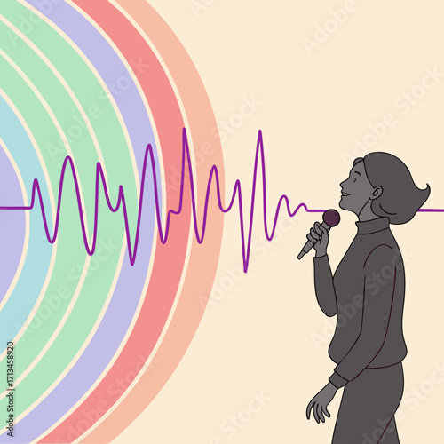 A woman sings into a microphone creating a vibrant sound wave visualization against a pastel rainbow background