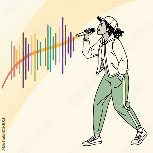 A young woman wearing a baseball cap and tracksuit sings into a microphone with colorful sound waves emanating from her voice representing music and expression