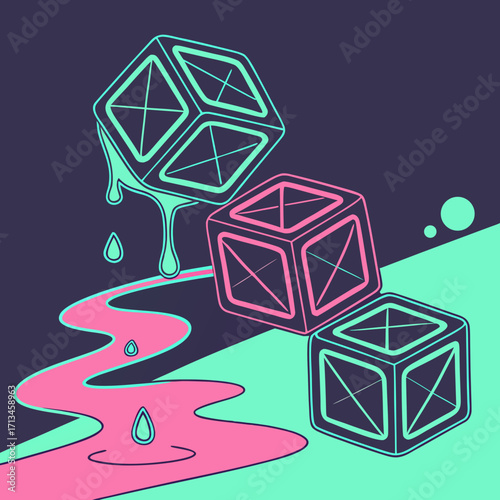 Abstract geometric cubes with neon outlines melt and drip into a vibrant liquid stream against a dark background with minimalist circles