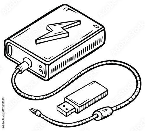 Portable power bank connected to a USB drive outline illustration