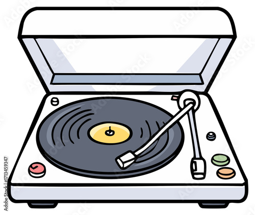 Retro Vinyl Record Player Illustration, Turntable with Black LP, Music Device, Vintage Equipment, Sound System, and Modern Buttons