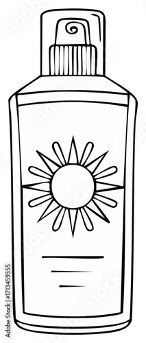 Hand drawn line art illustration of a sunscreen spray bottle with a prominent sun symbol