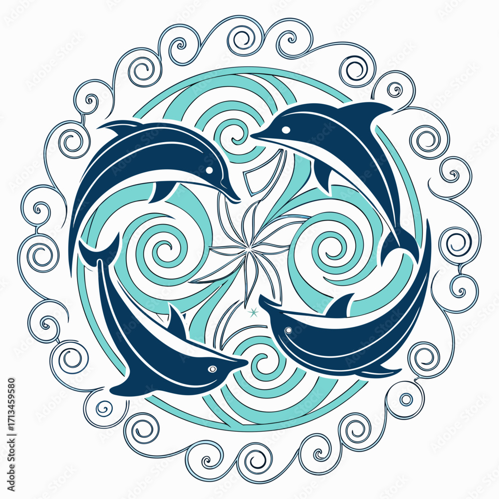 Obraz premium Four stylized dark blue dolphins gracefully swim in a circular pattern with swirling turquoise ocean waves and decorative ocean swirls