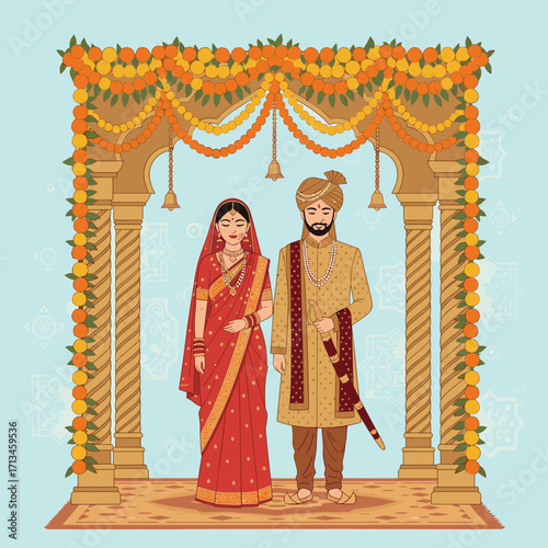 Indian couple celebrates wedding under vibrant floral archway