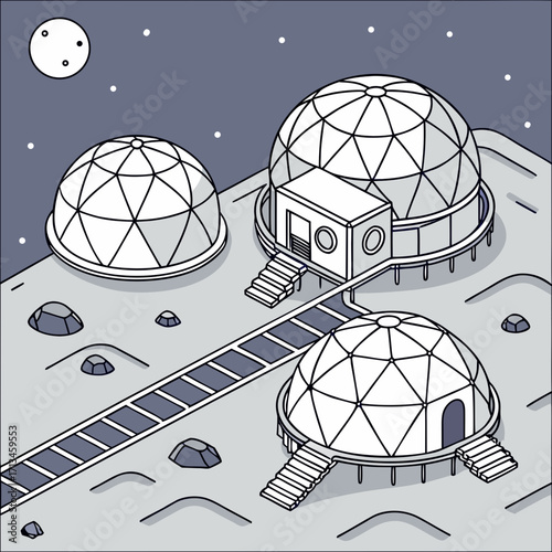 Futuristic geodesic dome structures on a desolate alien planet surface with a moon and stars in the dark sky above