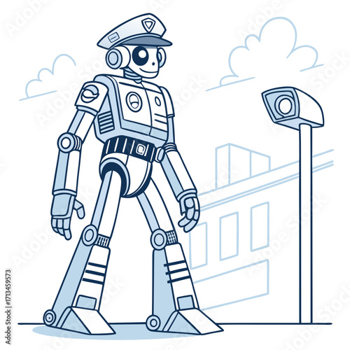 Friendly cartoon robot police officer standing guard next to a security camera on a city street with buildings and clouds in the background