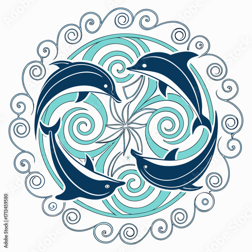 Four stylized dark blue dolphins gracefully swim in a circular pattern with swirling turquoise ocean waves and decorative ocean swirls