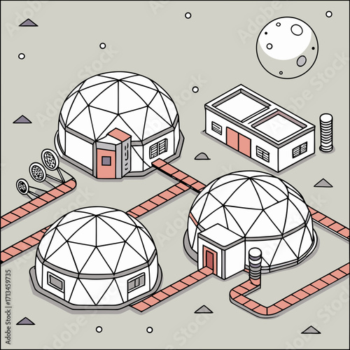 Isometric illustration of a futuristic moon base with geodesic domes and connecting pathways under a starry sky with a visible moon