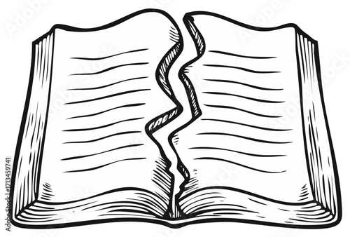 Open book torn in half, hand drawn illustration depicting destruction and loss concept