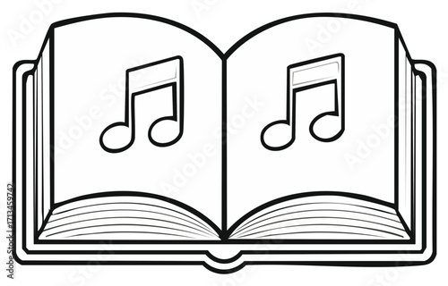 Open music book illustration with notes symbol, education and entertainment concept, literature and musicality, line art.