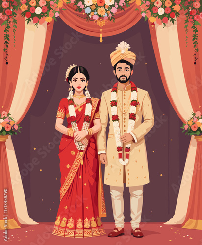 Radiant Indian couple celebrating wedding vows with joy