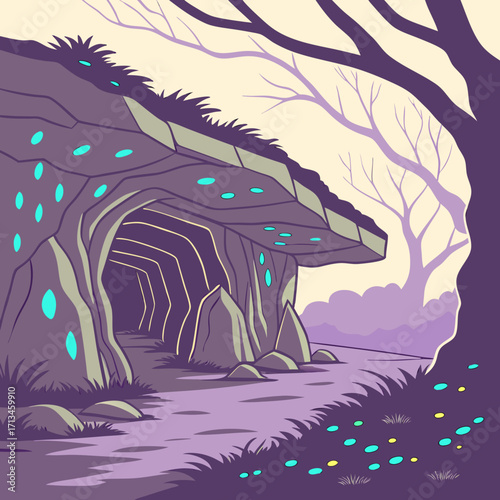 Mysterious glowing cave entrance nestled within a mystical forest with bare trees and ethereal light