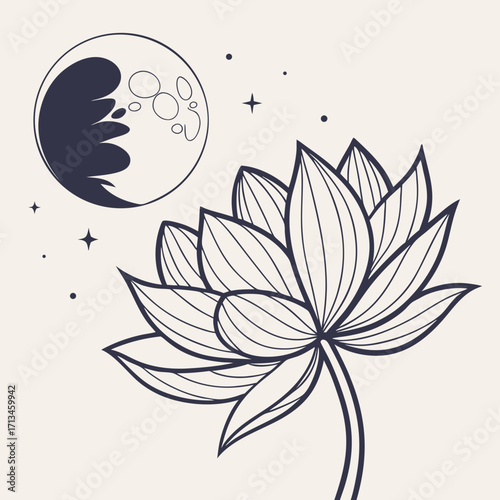 Mystical moon and lotus flower illustration with stars on a cream background minimalist line art