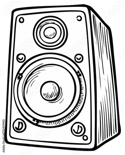Hand drawn black and white illustration of a speaker