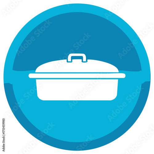 Simple white casserole dish icon with lid inside a blue circle