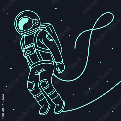 Stylized astronaut floating in deep space with a connecting line and tiny stars against a dark background