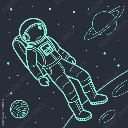 Stylized astronaut in a spacesuit floating in outer space surrounded by planets and stars depicted in a simple line art illustration style with a dark background and teal outline