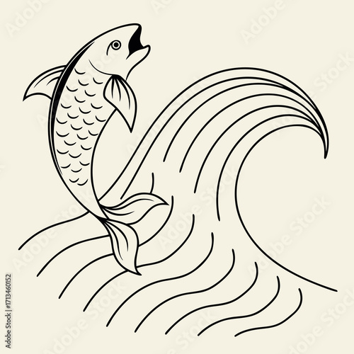 Stylized black line art illustration of a fish leaping out of a stylized wave on a cream background