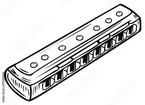 Classic blues harmonica musical instrument line art illustration of a traditional mouth organ for music