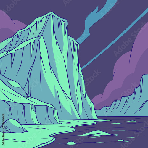 Stylized illustration of a dramatic icy mountain landscape with a dark purple sky and glowing turquoise ice formations reflecting in the water below