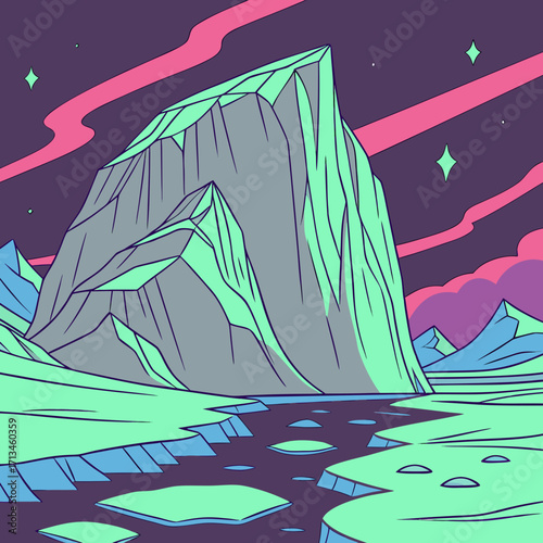 Stylized illustration of a majestic icy mountain range under a vibrant aurora borealis sky with floating ice floes in a dark ocean