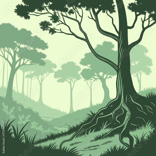 Stylized illustration of a lush green forest with a prominent tree trunk and exposed roots in the foreground surrounded by layered trees and foliage under a soft pale sky