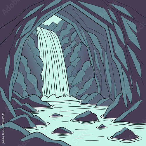 Stylized illustration of a hidden cave with a cascading waterfall flowing into a serene pool surrounded by rocky formations and dark cave walls