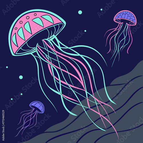 Stylized illustration of three colorful jellyfish with flowing tentacles swimming in a dark blue ocean with abstract wavy shapes and small bubbles