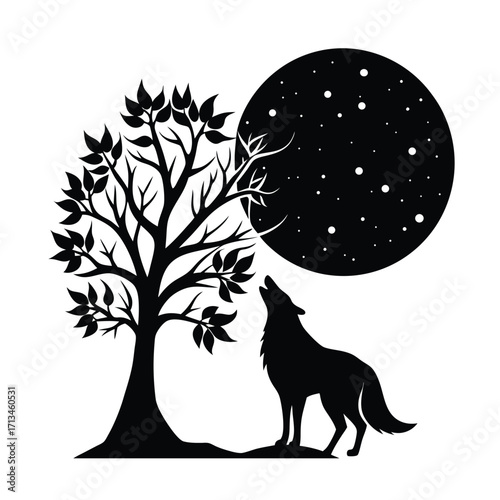 Wolf Howling at a Full Moon with Leafy Tree night