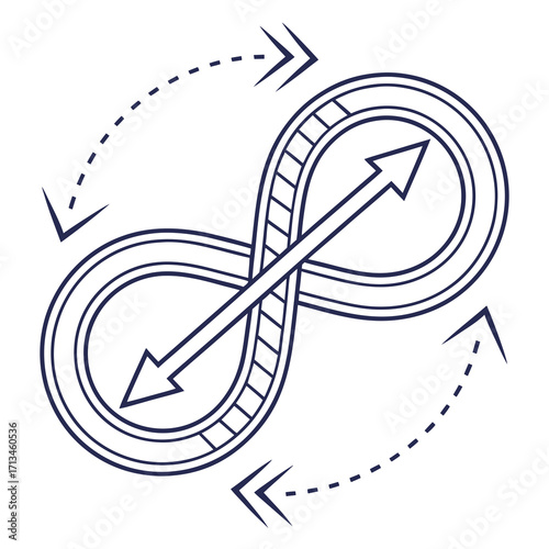 Stylized infinity loop symbol with arrows indicating continuous motion and cyclical process in a conceptual representation of endlessness