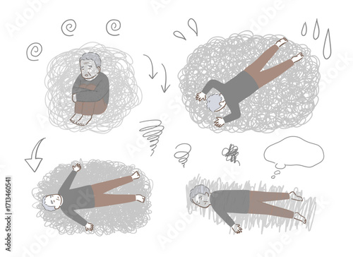 落ち込むシニアの男性のイラストセット