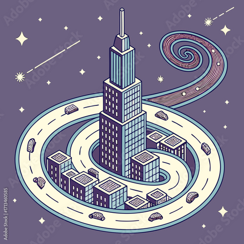 Stylized isometric cityscape with a spiraling highway and cars under a starry night sky with a shooting star