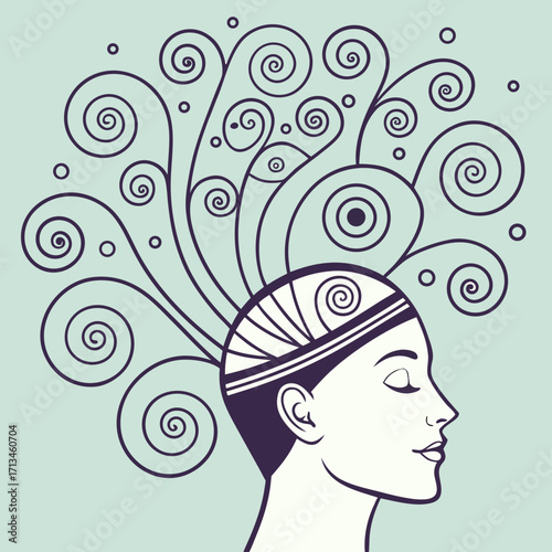 Stylized profile of a woman with eyes closed and swirling abstract patterns emanating from her head representing thoughts or creativity