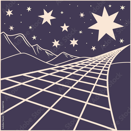 Stylized retro futurism landscape with a grid road leading to mountains under a starry night sky