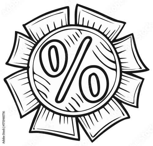 Hand drawn percentage symbol with floral decoration, discount illustration.