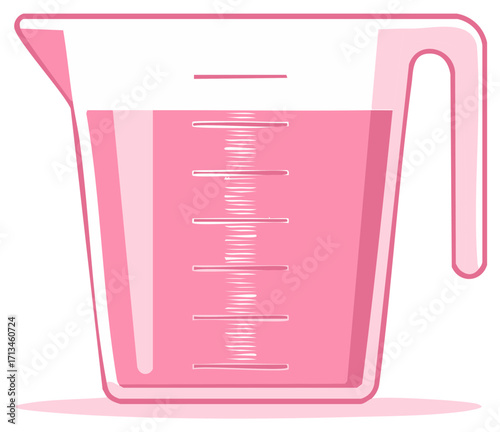 Cartoon illustration of a pink measuring jug filled with liquid, isolated.