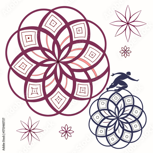 Stylized silhouette of a skater performing a trick on a geometric mandala design with floral accents