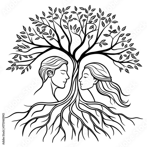 Symbolic tree of life illustration merging male and female profiles with intertwining roots and branches representing connection and growth