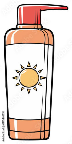 Sunscreen lotion bottle with sun graphic for skin protection and summer care