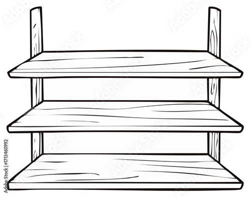 Line art illustration of a three tiered wooden shelf for storage
