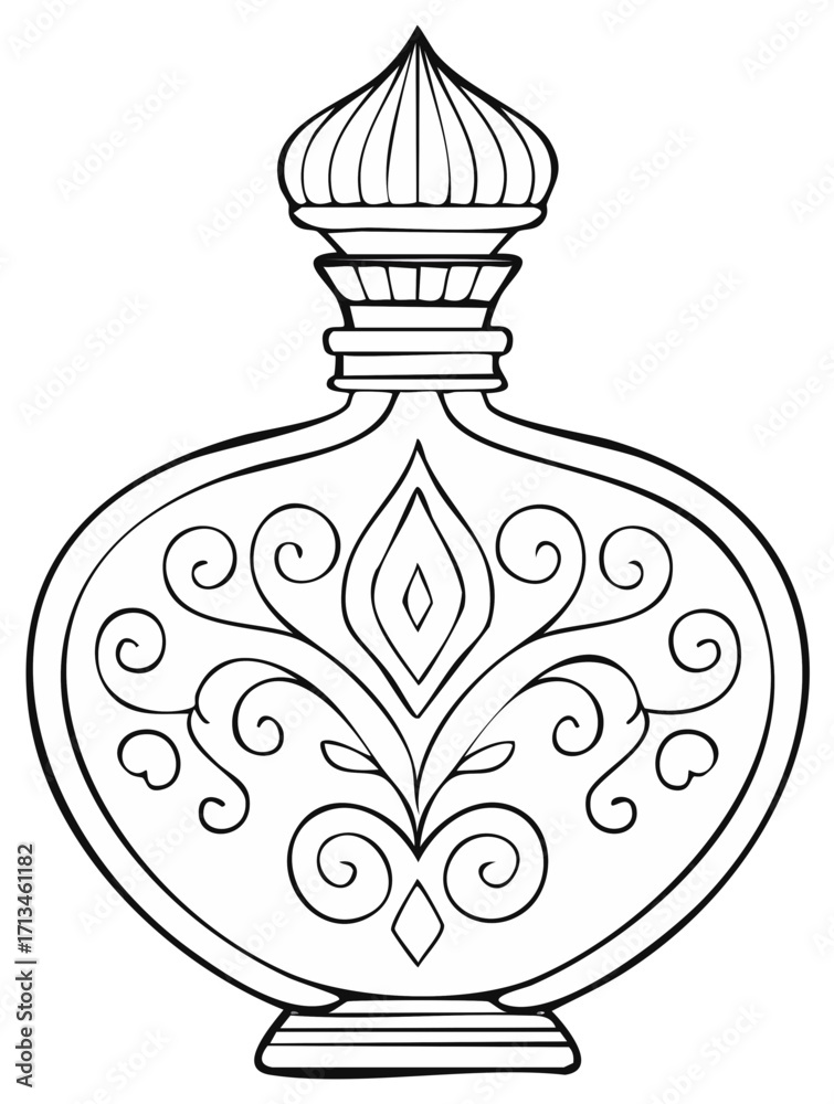 Obraz premium Ornamental vessel or perfume bottle with dome lid, decorative flourishes line art